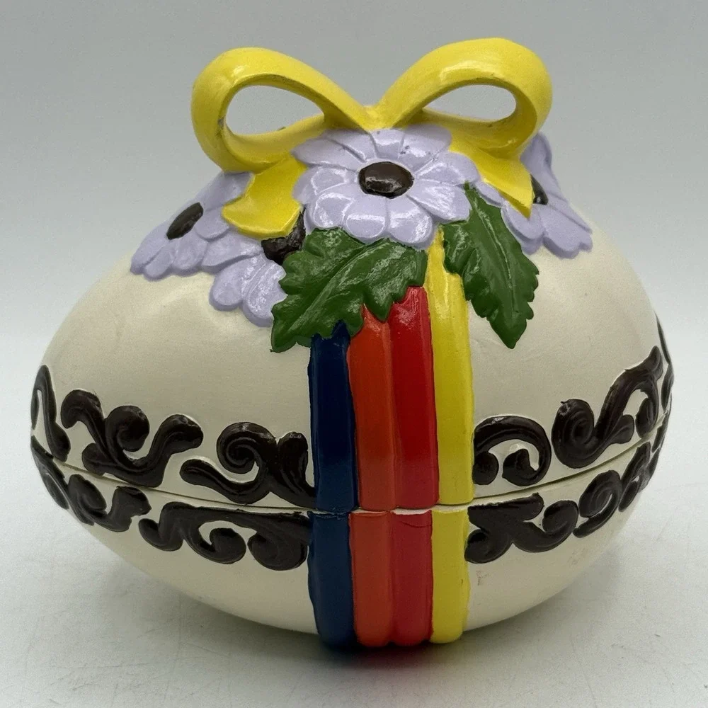 Vintage Hand Painted Ceramic Egg Rainbow Spring Flowers‎ Trinket Box Candy Dish
